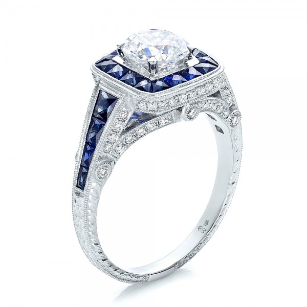 Art Deco Style Blue Sapphire Halo and Diamond Engagement Ring - Seattle ...