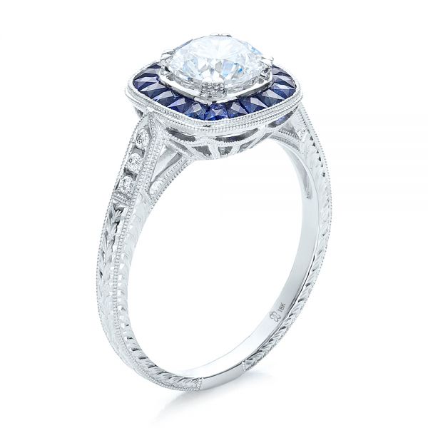 Art Deco Style Blue Sapphire Halo And Diamond Engagement Ring - Three-Quarter View - 100384