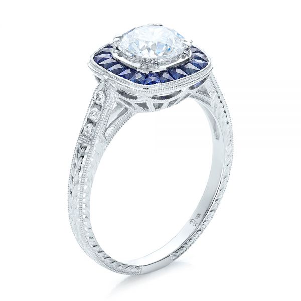 Art Deco Style Blue Sapphire Halo And Diamond Engagement Ring - Three-Quarter View -  100384