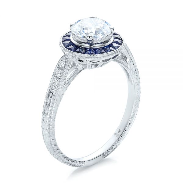 Art Deco Style Blue Sapphire Halo and Diamond Engagement Ring - Image