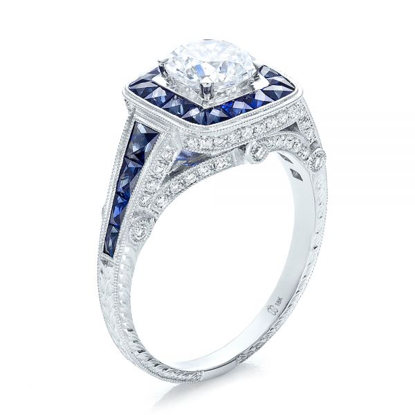 Art Deco Style Blue Sapphire Halo and Diamond Engagement Ring - Image