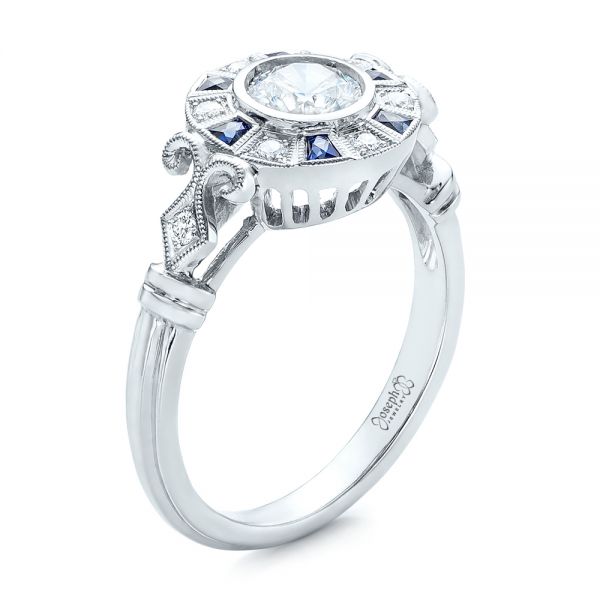 Art Deco Style Blue Sapphire Halo and Diamond Engagement Ring - Image