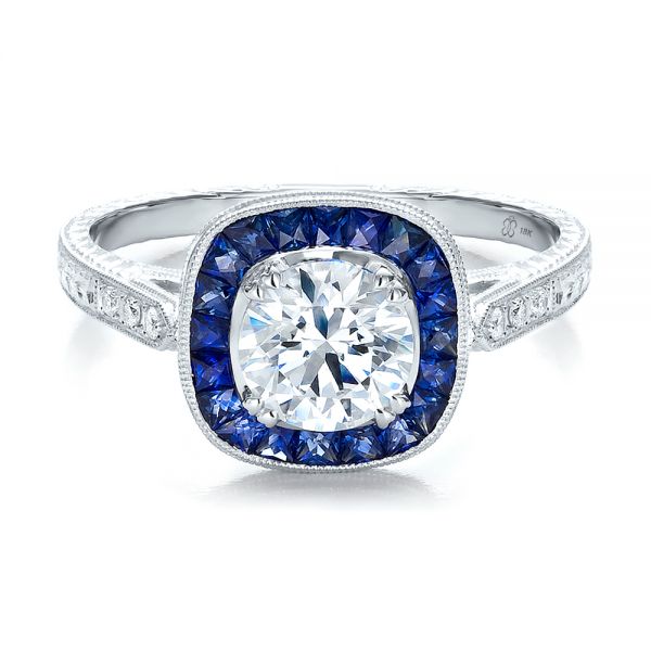 Art Deco Style Blue Sapphire Halo And Diamond Engagement Ring - Flat View - 100384