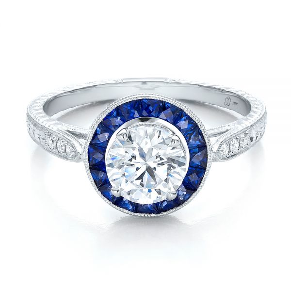 Art Deco Style Blue Sapphire Halo And Diamond Engagement Ring - Flat View -  100385