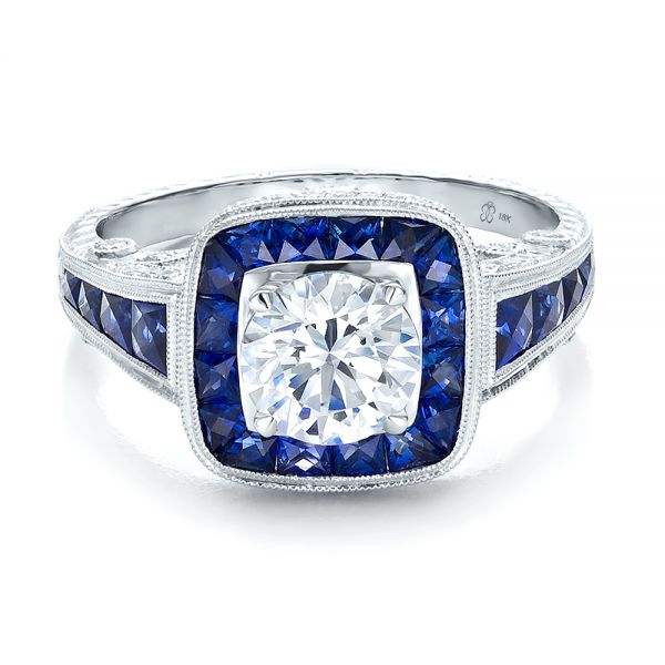 Art Deco Style Blue Sapphire Halo And Diamond Engagement Ring - Flat View - 100387