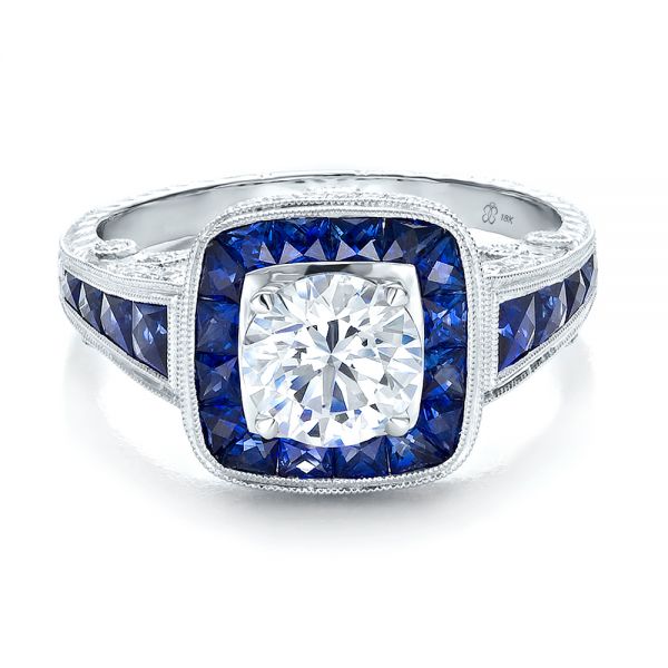 Art Deco Style Blue Sapphire Halo And Diamond Engagement Ring #100387 ...