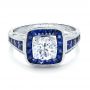 Art Deco Style Blue Sapphire Halo And Diamond Engagement Ring - Flat View -  100387 - Thumbnail