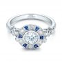 Art Deco Style Blue Sapphire Halo And Diamond Engagement Ring - Flat View -  101987 - Thumbnail