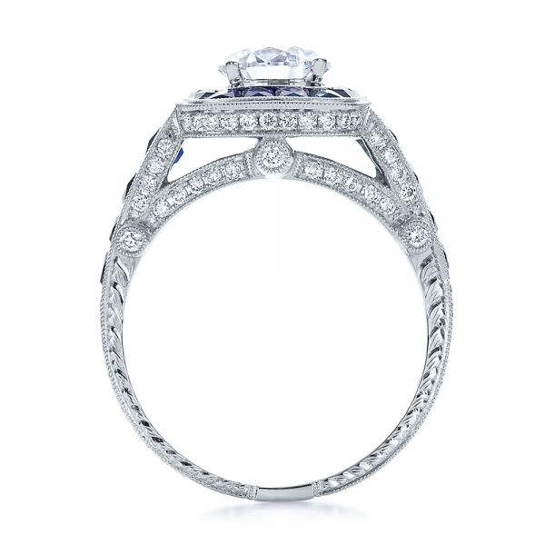 Art Deco Style Blue Sapphire Halo And Diamond Engagement Ring - Front View - 100387