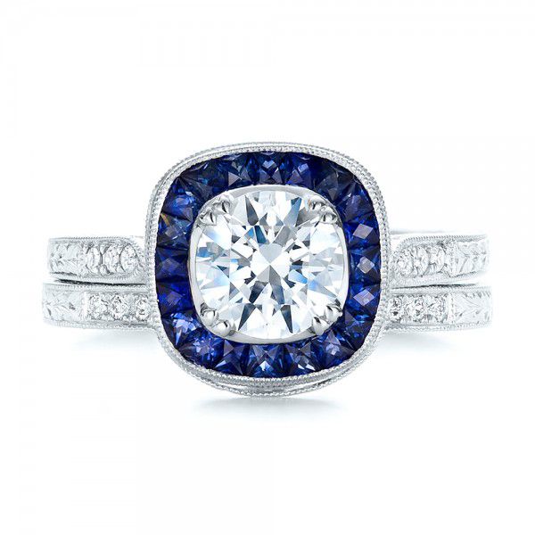 Art Deco Style Blue Sapphire Halo And Diamond Engagement Ring - Top View -  100384