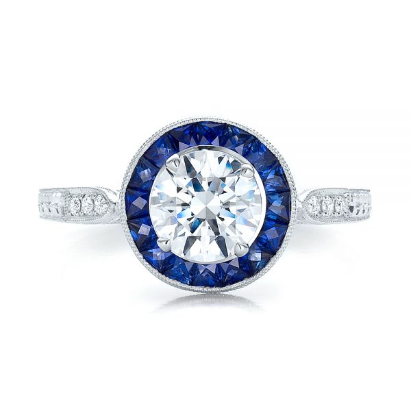 Art Deco Style Blue Sapphire Halo And Diamond Engagement Ring - Top View -  100385