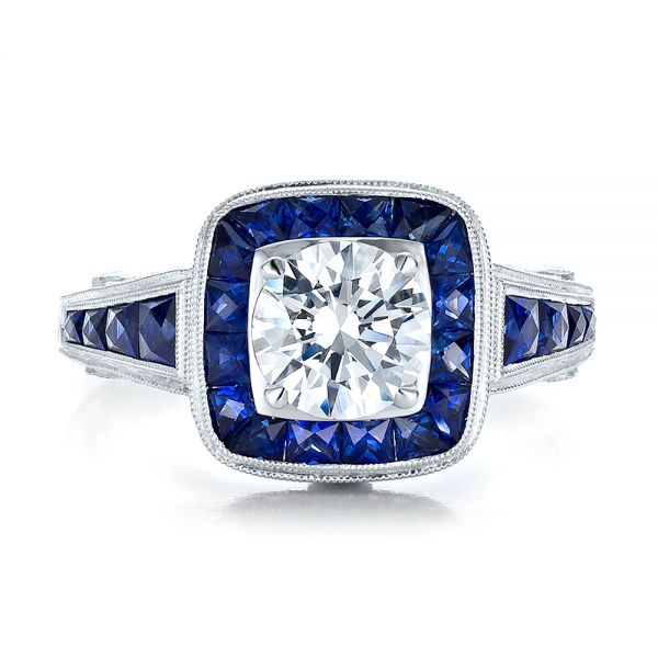 Art Deco Style Blue Sapphire Halo And Diamond Engagement Ring - Top View - 100387