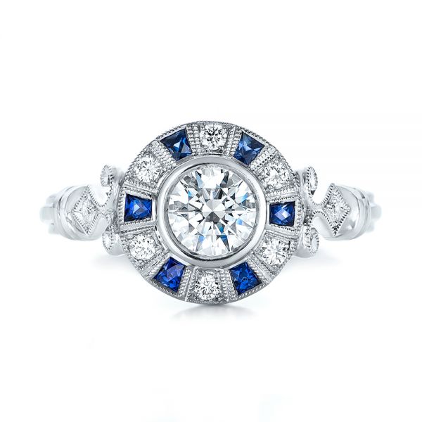 Art Deco Style Blue Sapphire Halo And Diamond Engagement Ring - Top View -  101987