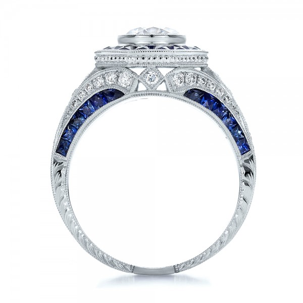 Art Deco Style Blue Sapphire Halo and Diamond Engagement Ring - Seattle