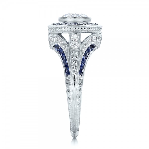 Art Deco Style Blue Sapphire Halo and Diamond Engagement Ring - Seattle