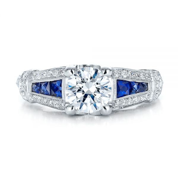 Art Deco Style Blue Sapphire And Diamond Engagement Ring - Top View -  100388