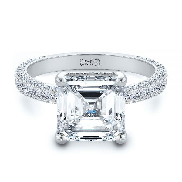 14k White Gold 14k White Gold Asscher Cut Pave And Hidden Halo Engagement Ring - Flat View - 107295