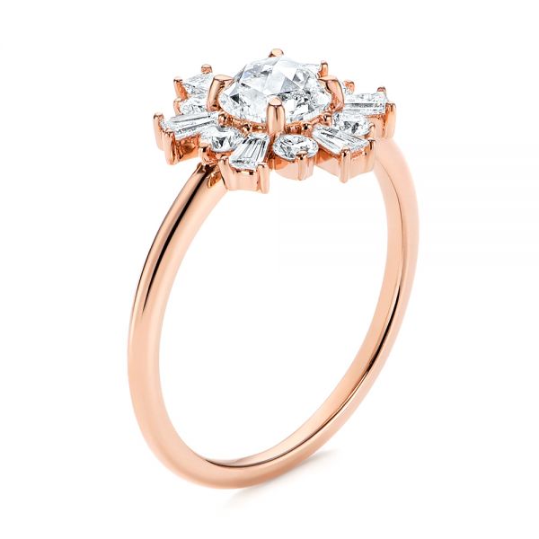 14k Rose Gold Baguette Cluster Halo And Rose Cut Diamond Engagement Ring - Three-Quarter View -  106181