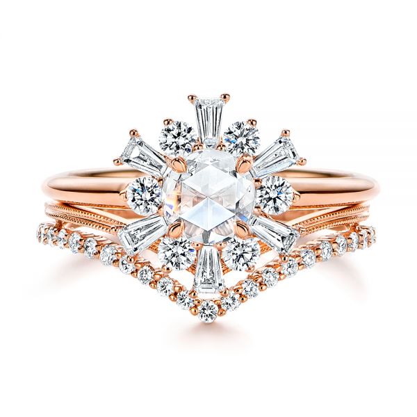 14k Rose Gold Baguette Cluster Halo And Rose Cut Diamond Engagement Ring - Top View -  106181 - Thumbnail