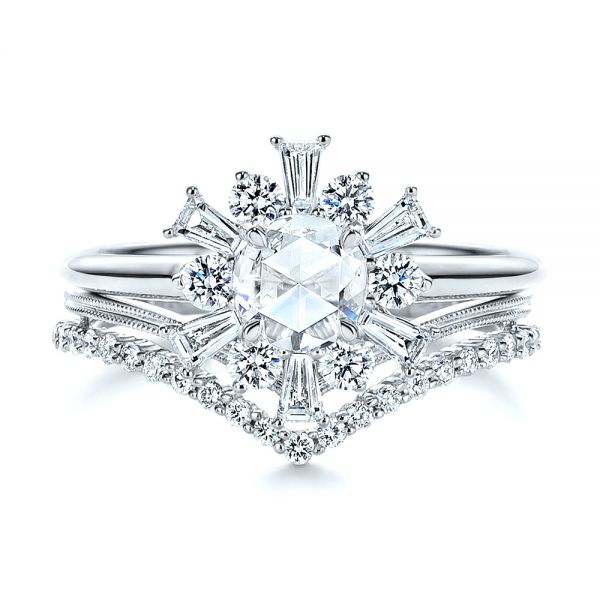 18k White Gold 18k White Gold Baguette Cluster Halo And Rose Cut Diamond Engagement Ring - Top View -  106181 - Thumbnail
