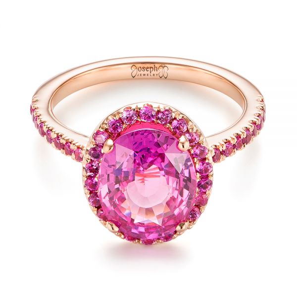 14k Rose Gold Barbie Pink Sapphire Halo Engagement Ring - Flat View -  103630 - Thumbnail