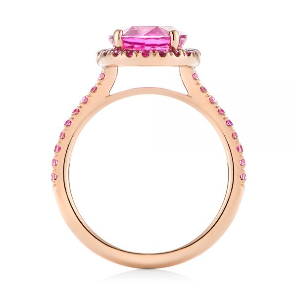14k Rose Gold Barbie Pink Sapphire Halo Engagement Ring - Front View -  103630 - Thumbnail