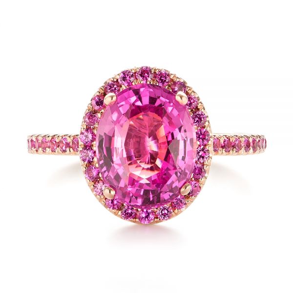 14k Rose Gold Barbie Pink Sapphire Halo Engagement Ring - Top View -  103630 - Thumbnail