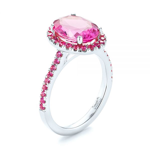 14k White Gold 14k White Gold Barbie Pink Sapphire Halo Engagement Ring - Three-Quarter View -  103630 - Thumbnail