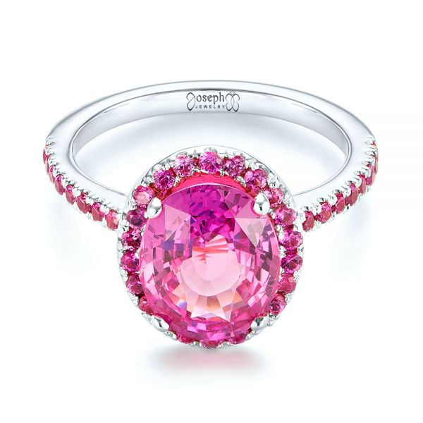 14k White Gold 14k White Gold Barbie Pink Sapphire Halo Engagement Ring - Flat View -  103630 - Thumbnail