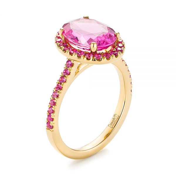 14k Yellow Gold 14k Yellow Gold Barbie Pink Sapphire Halo Engagement Ring - Three-Quarter View -  103630 - Thumbnail