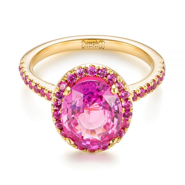 14k Yellow Gold 14k Yellow Gold Barbie Pink Sapphire Halo Engagement Ring - Flat View -  103630 - Thumbnail