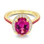 14k Yellow Gold Barbie Pink Sapphire And Diamond Engagement Ring - Flat View -  107891 - Thumbnail