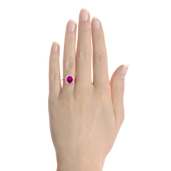 14k Yellow Gold Barbie Pink Sapphire And Diamond Engagement Ring - Hand View - 107891