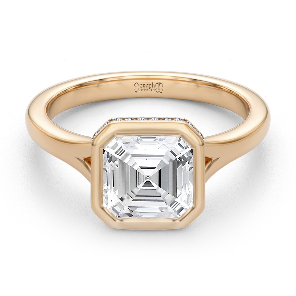 18k Rose Gold 18k Rose Gold Bezel Set Asscher Cut And Hidden Halo Diamond Engagement Ring - Flat View -  108338