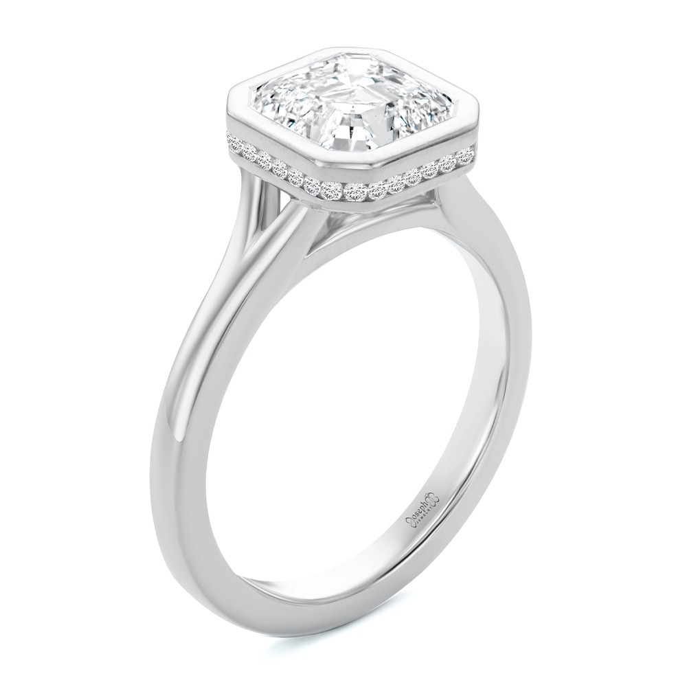 18k White Gold 18k White Gold Bezel Set Asscher Cut And Hidden Halo Diamond Engagement Ring - Three-Quarter View -  108338