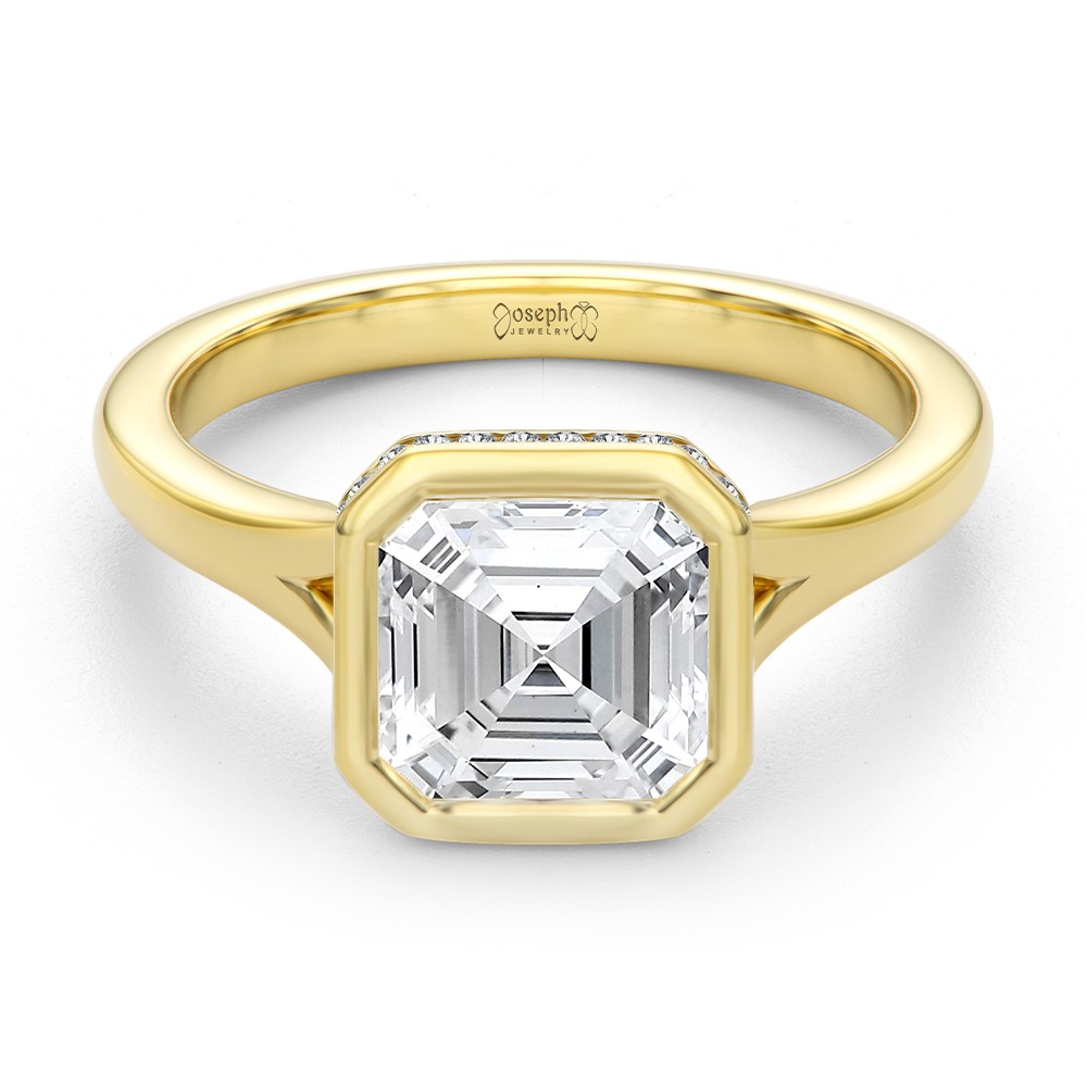14k Yellow Gold Bezel Set Asscher Cut And Hidden Halo Diamond Engagement Ring - Flat View -  108338