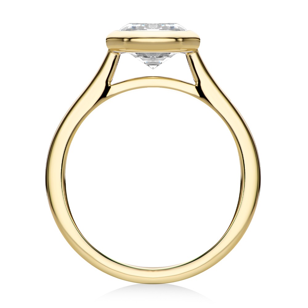 14k Yellow Gold Bezel Set Emerald Cut Cathedral Engagement Ring - Front View -  108117