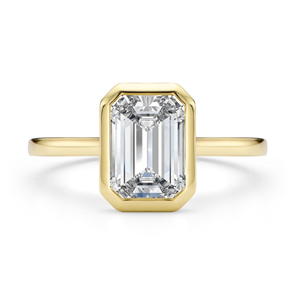14k Yellow Gold Bezel Set Emerald Cut Cathedral Engagement Ring - Top View -  108117