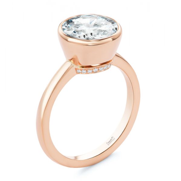 14k Rose Gold Bezel Set With Hidden Halo Engagement Ring - Three-Quarter View -  107619