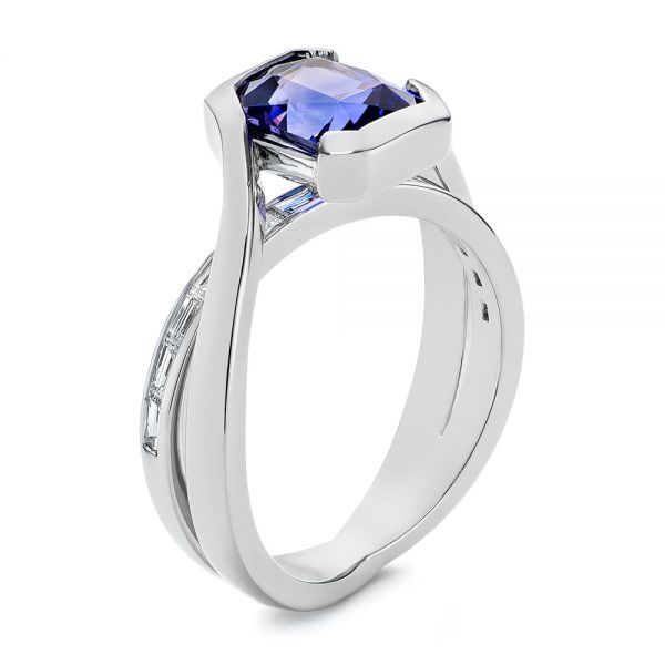  14K Gold Black Rhodium Sapphire And Baguette Diamond Engagement Ring - Three-Quarter View -  105856