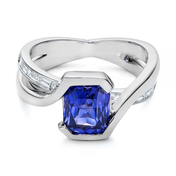 14K Gold Black Rhodium Sapphire And Baguette Diamond Engagement Ring - Flat View - 105856