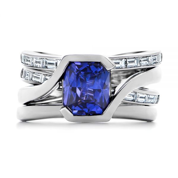  Platinum Platinum Black Rhodium Sapphire And Baguette Diamond Engagement Ring - Top View -  105856 - Thumbnail