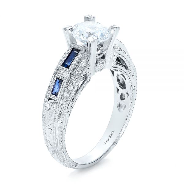 Blue Sapphire Diamond And Hand Engraved Engagement Ring - Kirk Kara - Three-Quarter View -  100468