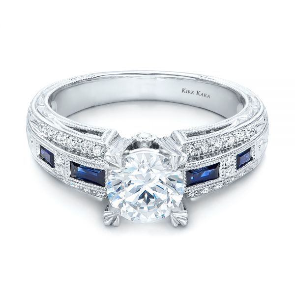 Blue Sapphire Diamond And Hand Engraved Engagement Ring - Kirk Kara - Flat View -  100468