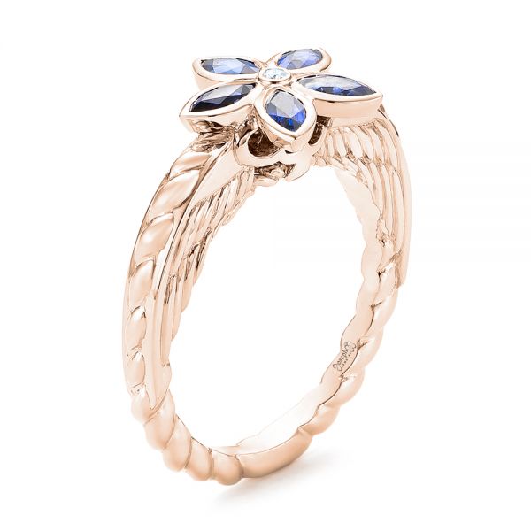 18k Rose Gold 18k Rose Gold Blue Sapphire Flower Engagement Ring - Three-Quarter View -  102778