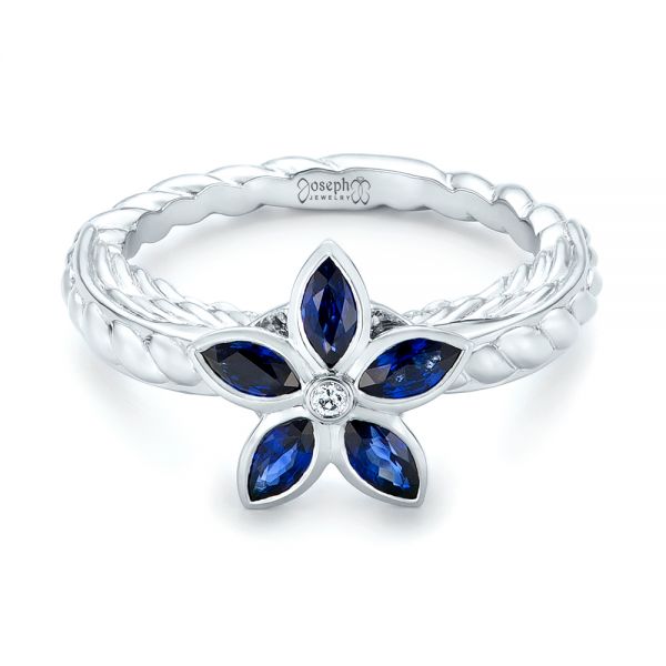 18k White Gold 18k White Gold Blue Sapphire Flower Engagement Ring - Flat View -  102778