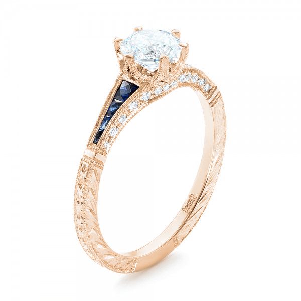 18k Rose Gold 18k Rose Gold Blue Sapphire And Diamond Engagement Ring - Three-Quarter View -  102676