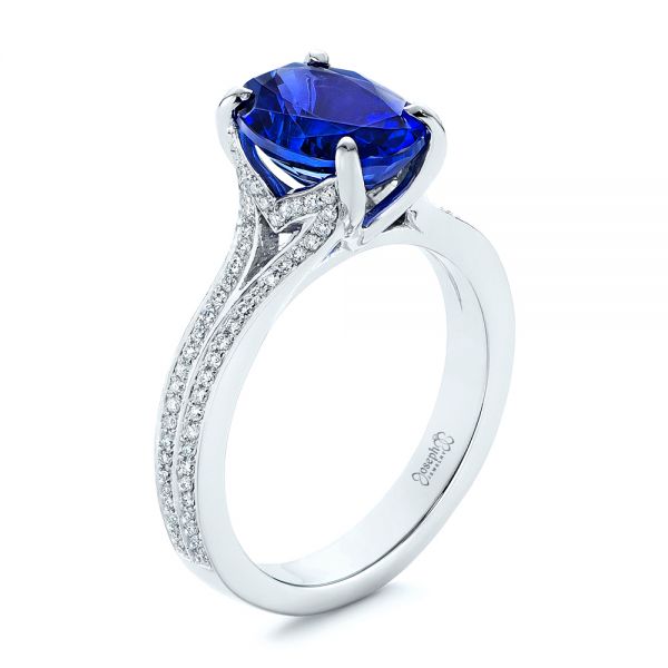 18k White Gold 18k White Gold Blue Sapphire And Diamond Engagement Ring - Three-Quarter View -  105712