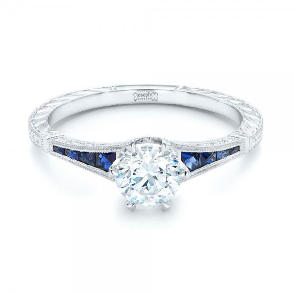 18k White Gold Blue Sapphire And Diamond Engagement Ring - Flat View -  102676