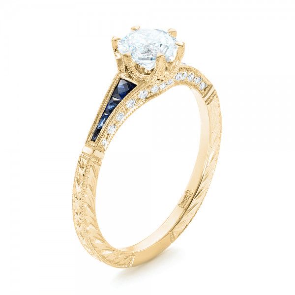 18k Yellow Gold 18k Yellow Gold Blue Sapphire And Diamond Engagement Ring - Three-Quarter View -  102676